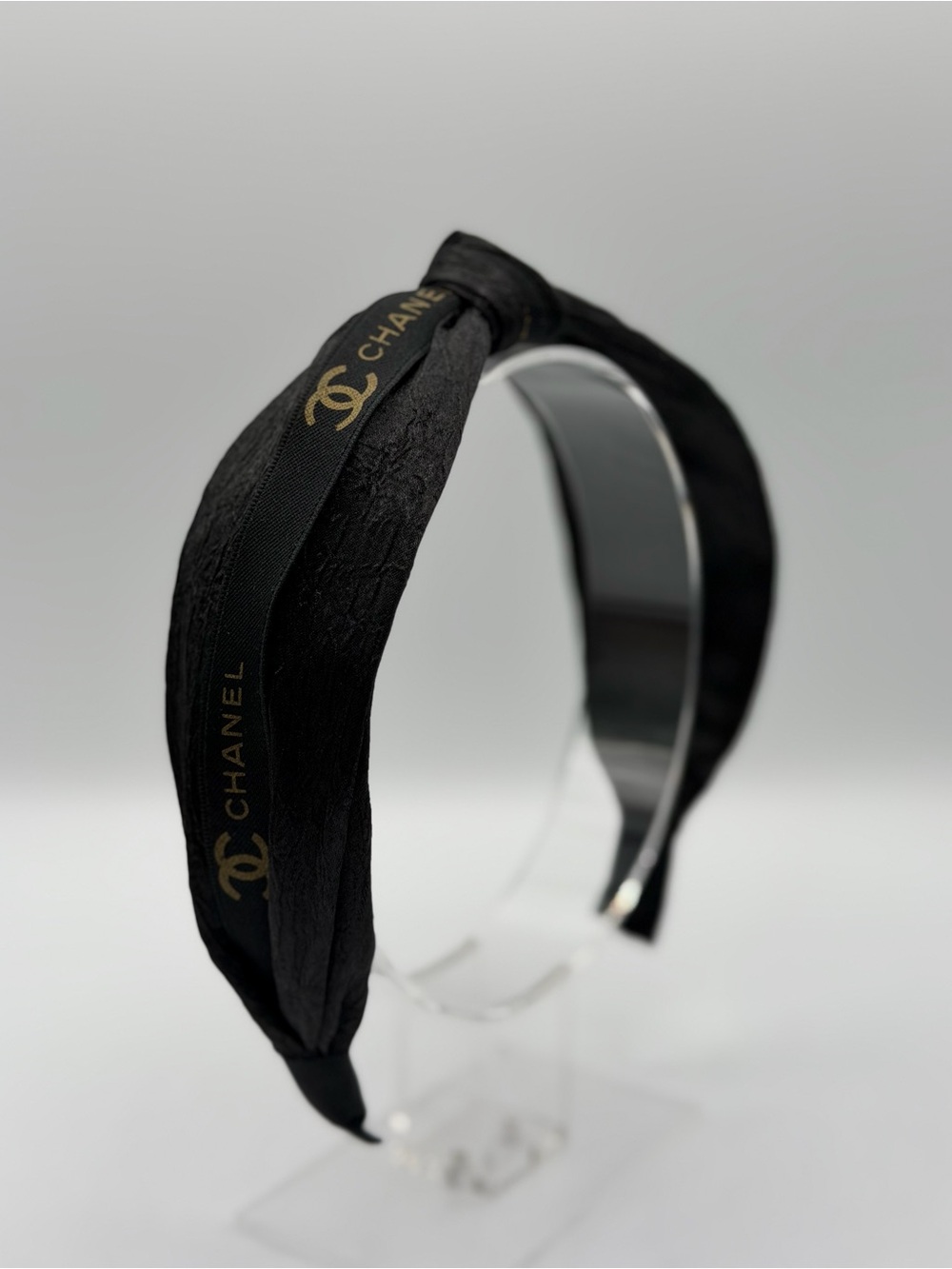 CHANEL Black Headband with Gold Logo Trim